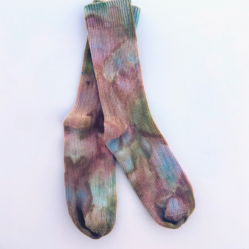 Ice Dye Boho Camo socks, Tan Green Hand Dyed Tie Dye Crew Socks, Mens M Womens L
